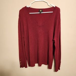 JM Collection Burgundy Long Sleeve V Neck Sweater XL Gold Button Cuff